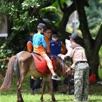 Kids Equestrian - a group of people standing around a brown horse