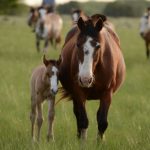 Foal Training - mother horse and young horse together on grass during daytime