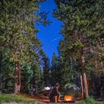 Overnight Camping - man sitting near bonfire and green tent in forest